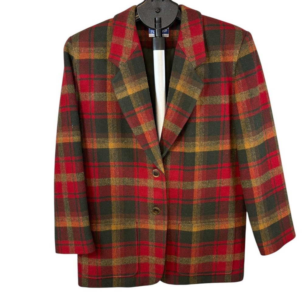 Pendleton Petite Medium Red Green Plaid 100% Virgin Wool Blazer Jacket Made USA